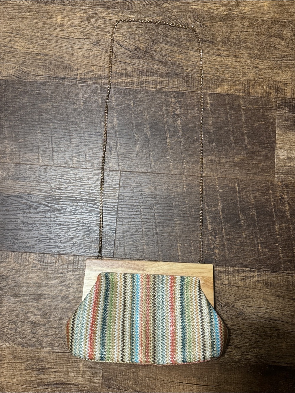 Haute & Hippie Multicolor Woven Clutch with Wood Frame and Gold Chain